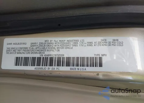 2009 Subaru Outback 2.5I z USA, uszkodzony, nr VIN 4S4BP61C797325356